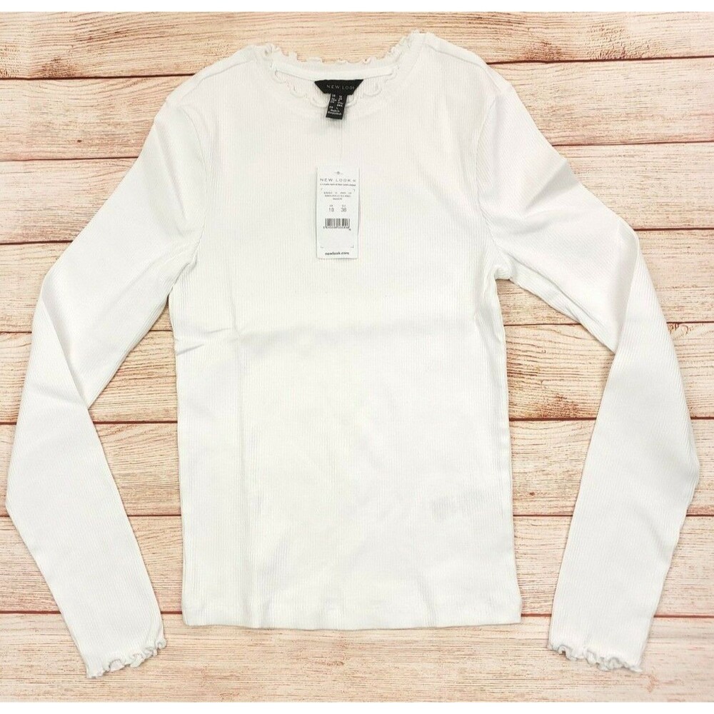 New Look White Long Sleeve Babylock Tee Top Size UK 10 US 6 Organic Cotton